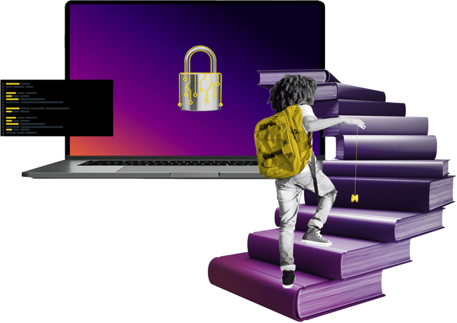 Person with a backpack and yoyo going up a staircase of books toward an unrealistically large laptop with a lock icon on the screen